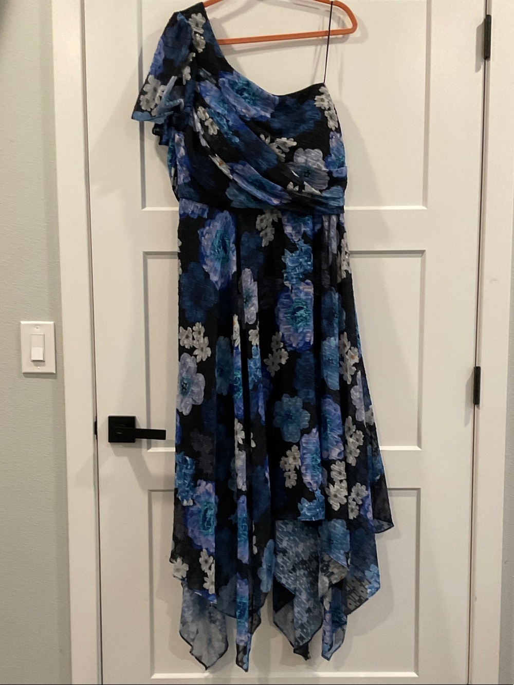 Night Way Collections One-Shoulder Floral Dress in Black and Blue